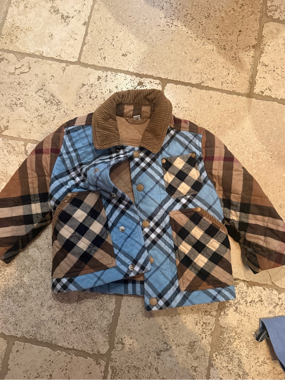 Burberry Kids Blue and Brown Plaid Quilted Puffer Jacket